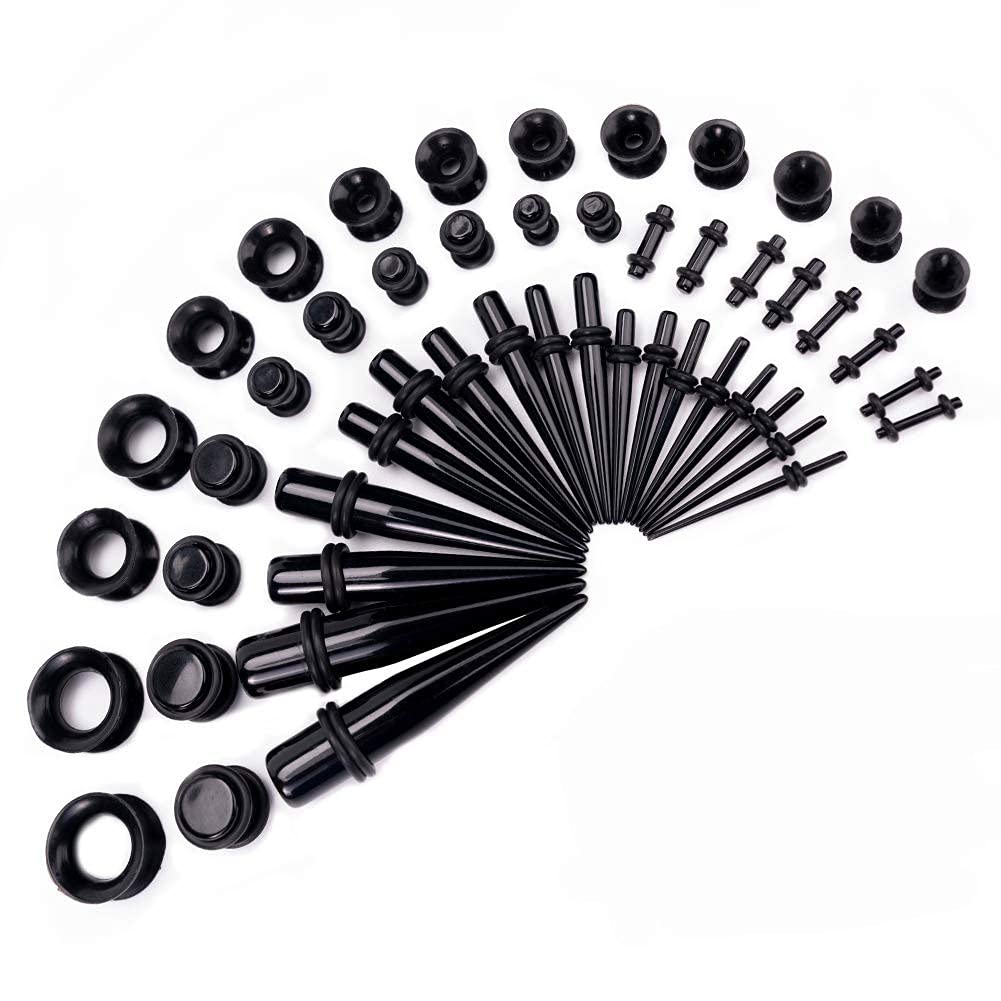 Ear Stretching Kit 50 Pieces 14G-00G Ear Gauges Expander Set Acrylic Tapers and Plugs & Silicone Tunnels Body Piercing Jewelry Set with (Black)