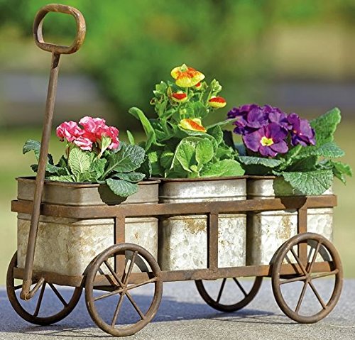 SPI Farmhouse Metal Garden Wagon Cart Planter with 3 Pots