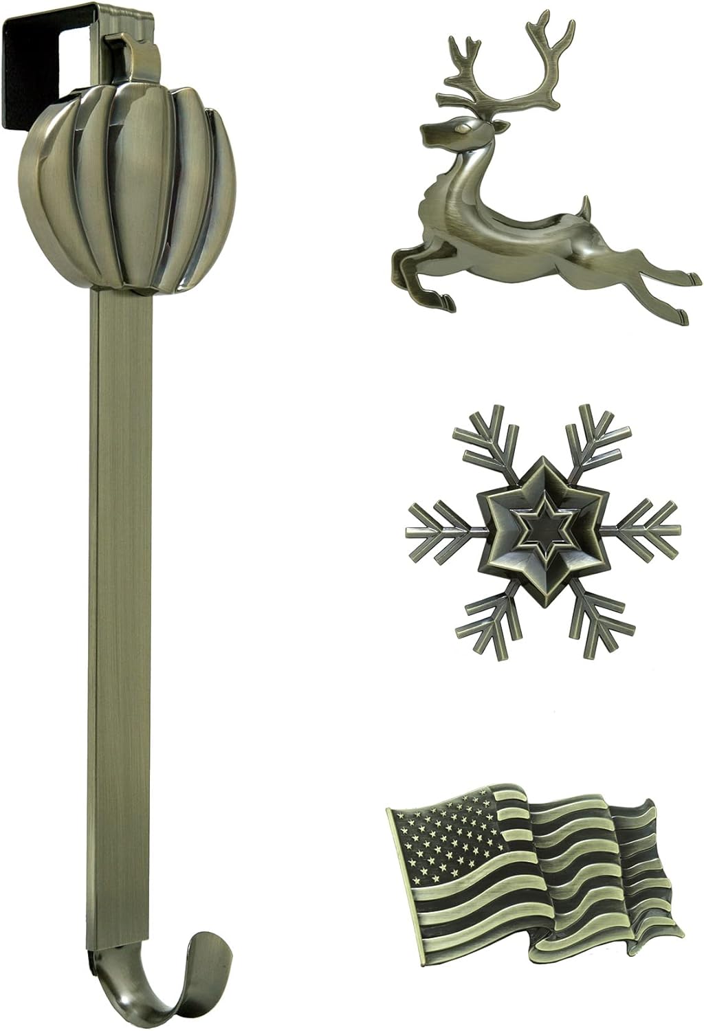 Wreath Hangers - Haute Decor Adjustable Length Wreath Hanger with 4 Interchangeable Icons - Antique Brass (American Flag/Pumpkin/Snowflake/Reindeer) for Every Season