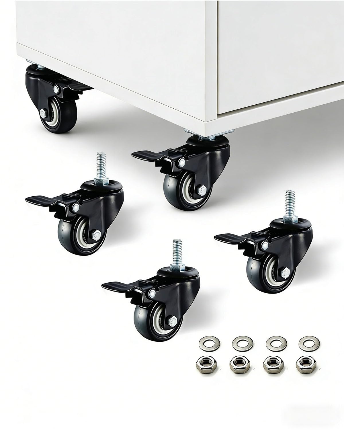 M8x25 Threaded Rod and Spacer Nut Roll 1.5 Inch for Shopping Trolleys, Workbenches, Furniture (With Brake Rollers, 4)