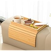 GEHE Bamboo Sofa Arm Tray, Foldable Couch Arm Tray Side Table, Anti-Falling Armrest Tables Cup Holder for Snacks, Drinks, Beers, Phone, Control, Flexible and Portable, Anti-Slip