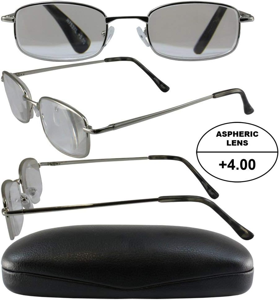READERZ Men's High-Powered Reading Glasses: Silver Frame and Black Case +4.00 Magnification Aspheric Lenses