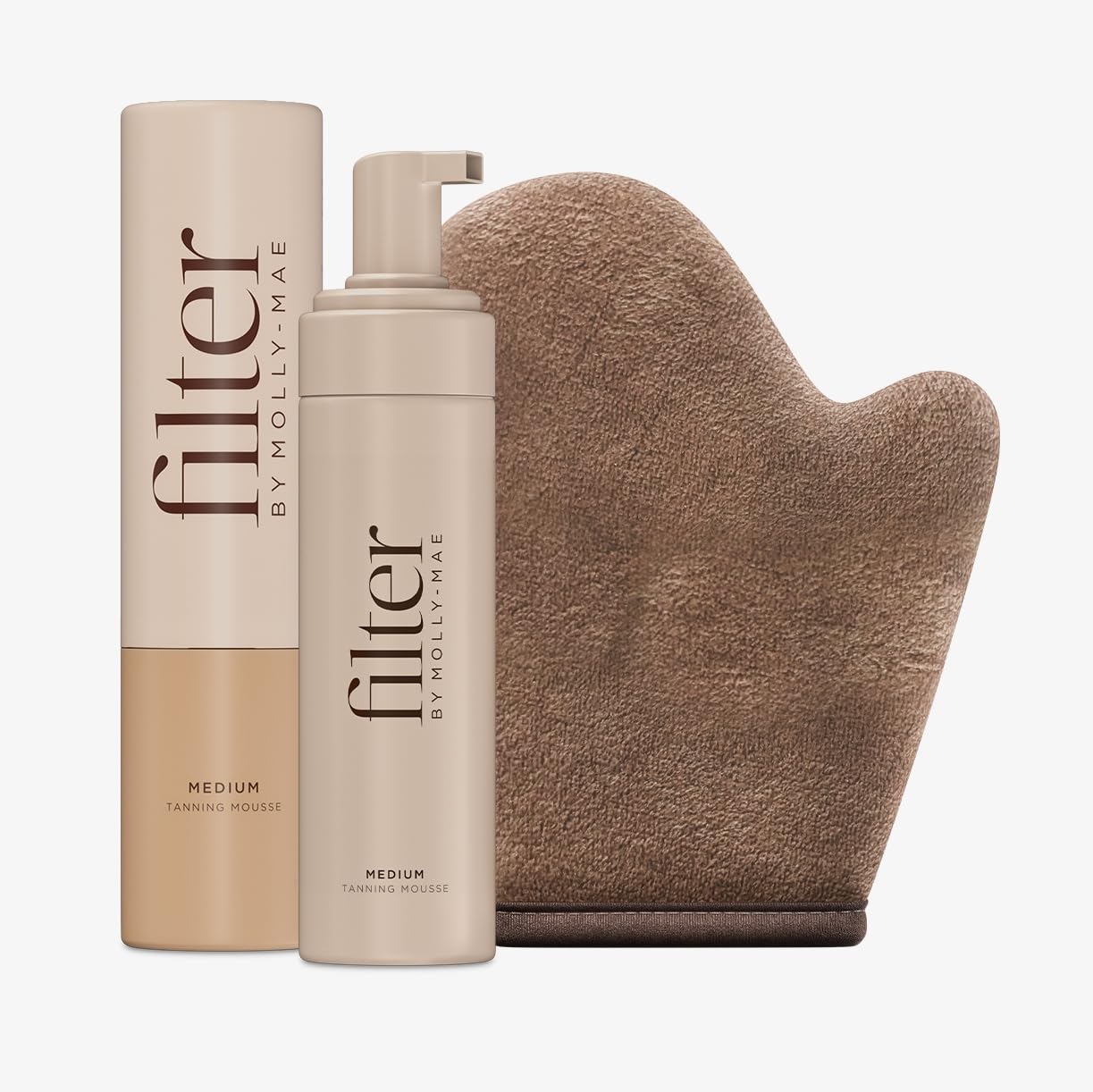 Filter By Molly-Mae Sunkissed Bundle | Medium Self Tan Mousse | Fast Drying Streak Free Fake Tan | Bronzed Glow | Large Double Sided Velvet Soft Tanning Mitt | Perfect for Face and Body Application