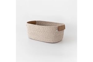 SOORXIEIN Small Cotton Woven Basket with PU Leather Handle, Baby Kids Clothes Toys Candy Gifts Cotton Rope Organizer, for Living Room Bathroom Shower Storage Laundry, Dog Cat Bed, Fall Basket, Coffee