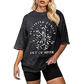 Flafens Oversized Acid Wash Vintage T Shirts for Women - Graphic Tees Womens Retro Cotton Cute Cool Loose Tshirts Teens Girls