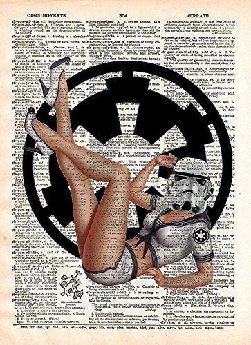 Modern pinup girl art print, storm trooper pin up girl on vintage dictionary page, satire art