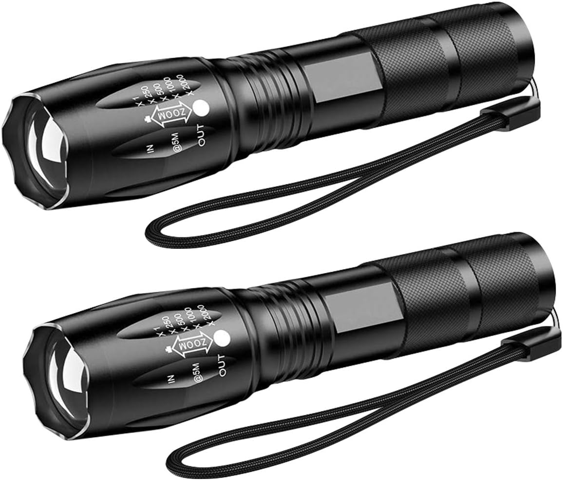 Ultra-Bright Flashlights, 2000 Lumens XML-T6 LED Tactical Flashlight, Zoomable Adjustable Focus, IP65 Water-Resistant, Portable, 5 Light Modes for Indoor and Outdoor,Camping,Emergency,Hiking (2 Pack)