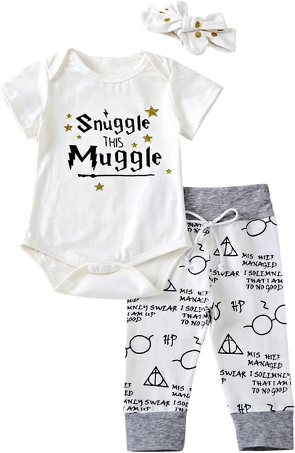 Baby Boys Girls Letter Print Short Sleeve Romper Bodysuit + Long Pants + Headband Outfits Set