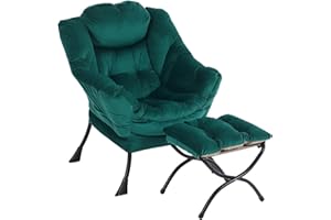 Furlide Oversized Chair with Ottoman, Modern Chair with Folding Footrest, Lounge Accent Chair, Comfortable Reading Chair for Bedroom, Study, Living Room, Courtyard (Velvet Dark Green