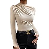 SweatyRocks Women's Ruched Long Sleeve Shirts Mock Neck Fitted T Shirts Basic Tops