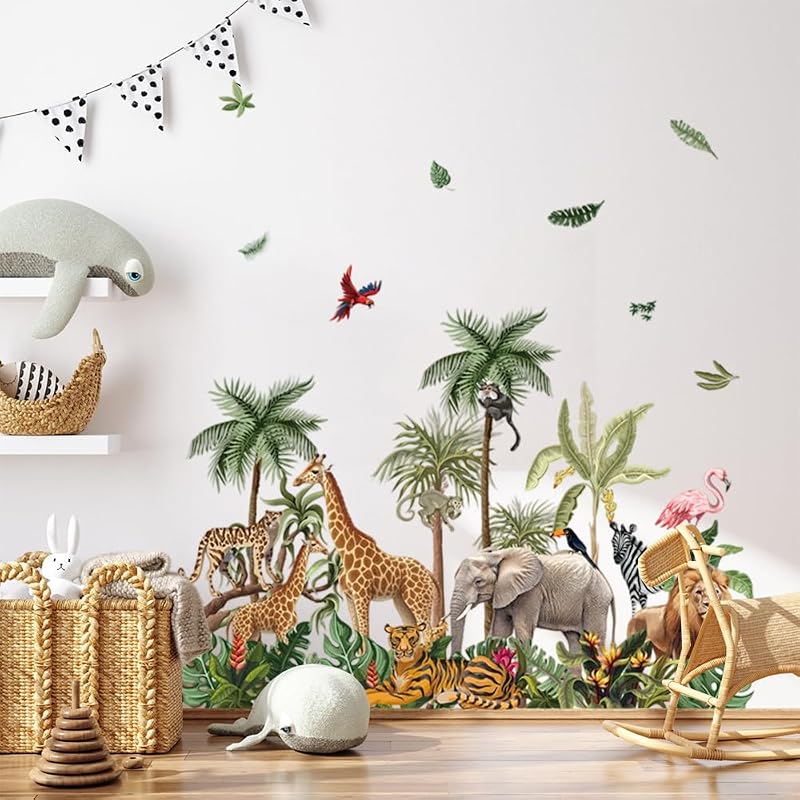 Wandtattoo Tiere des Regenwalds Wandsticker Dschungel Giraffe Elefant Löwe Tiger Blätter Wandbilder Groß Wandaufkleber Wanddeko Kinderzimmer Babyzimmer Schlafzimmer Aufkleber