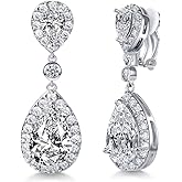 SELOVO Cubic Zirconia Wedding Bridal Clip on Teardrop Drop Earrings for Women Silver Tone