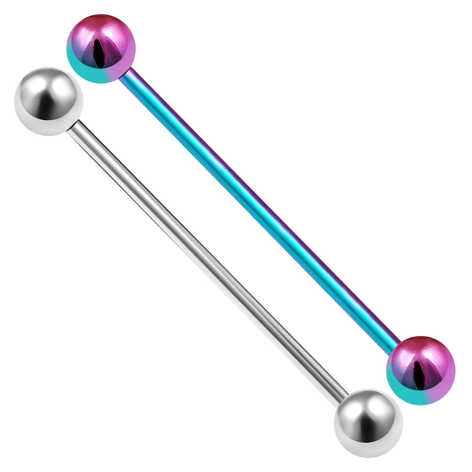 KJM FASHION 2PCS Surgical Steel Rainbow Industrials Scaffold Barbell 14g 1 1/2 38mm 5mm Ball Earrings Cartilage Piercing Jewellery 2556