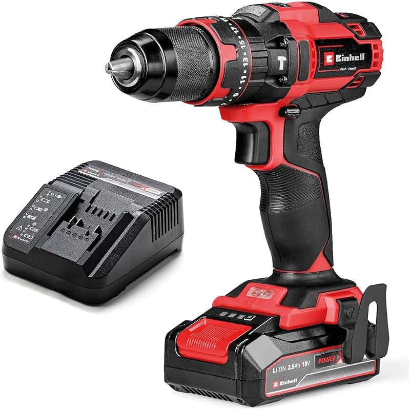 Taladro percutor con batería TE-CD 18/44 Li-i Power X-Change (18V, 44 Nm, función de perforación por percusión, portabrocas metálico de 13 mm, 2 velocidades, incl. batería de 2,5 Ah y batería)