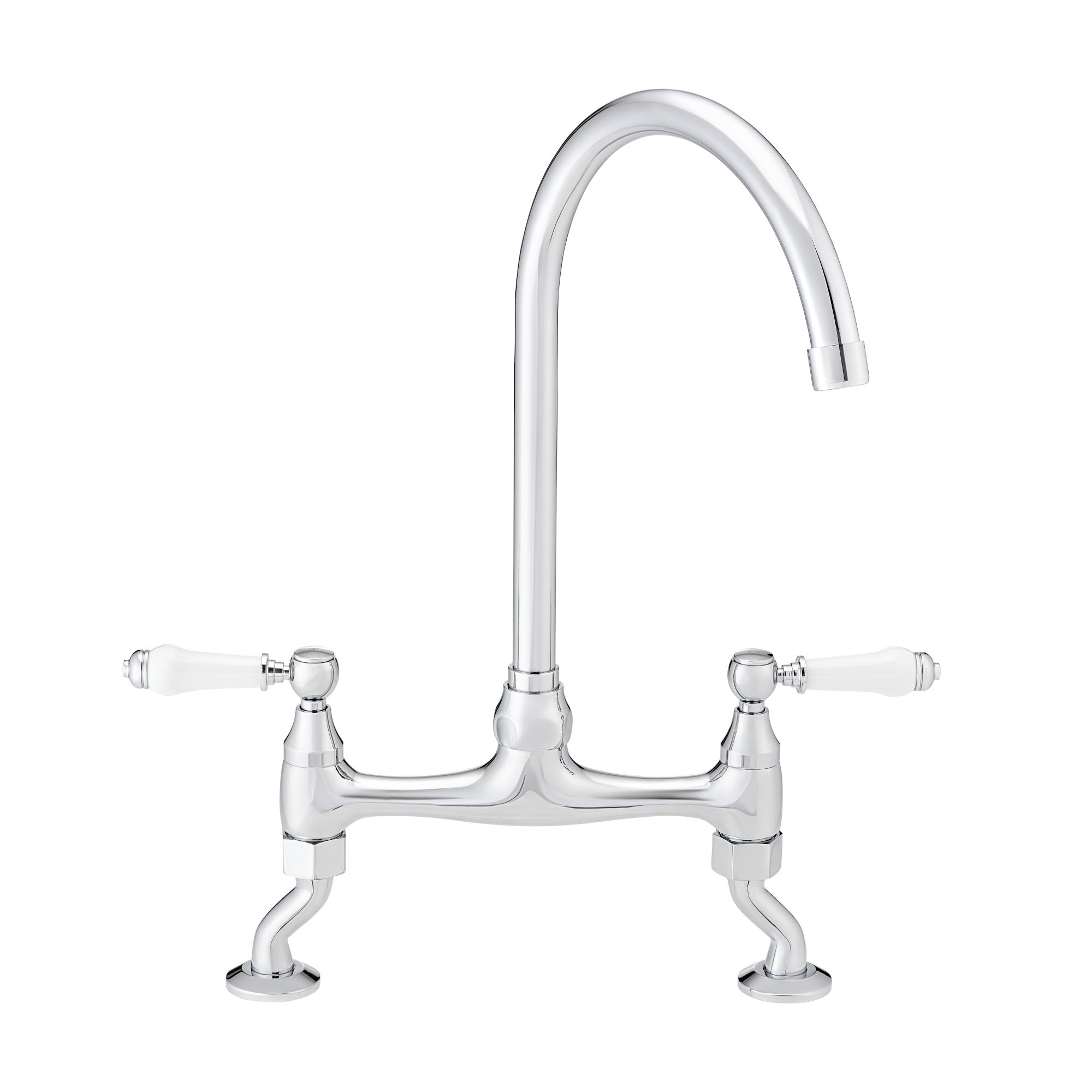 ENKI, Astbury, KT099, Deck Mounted Chrome, Kitchen Sink Mixer Tap, Featuring a Swivel Swan Neck Spout and Quarter Turn Ceramic White Levers, Solid Brass Construction, Traditional Design