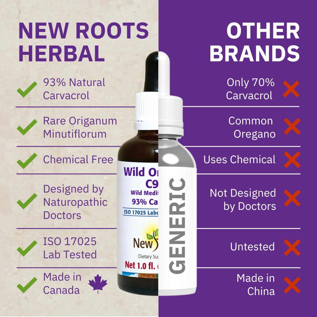 New Roots | Wild Oregano Oil Liquid Drops with 93% Carvacrol (1 fl oz) Hand-Picked Mediterranean Oregano Oil Extract | Non-GMO, Vegan, Gluten-Free
