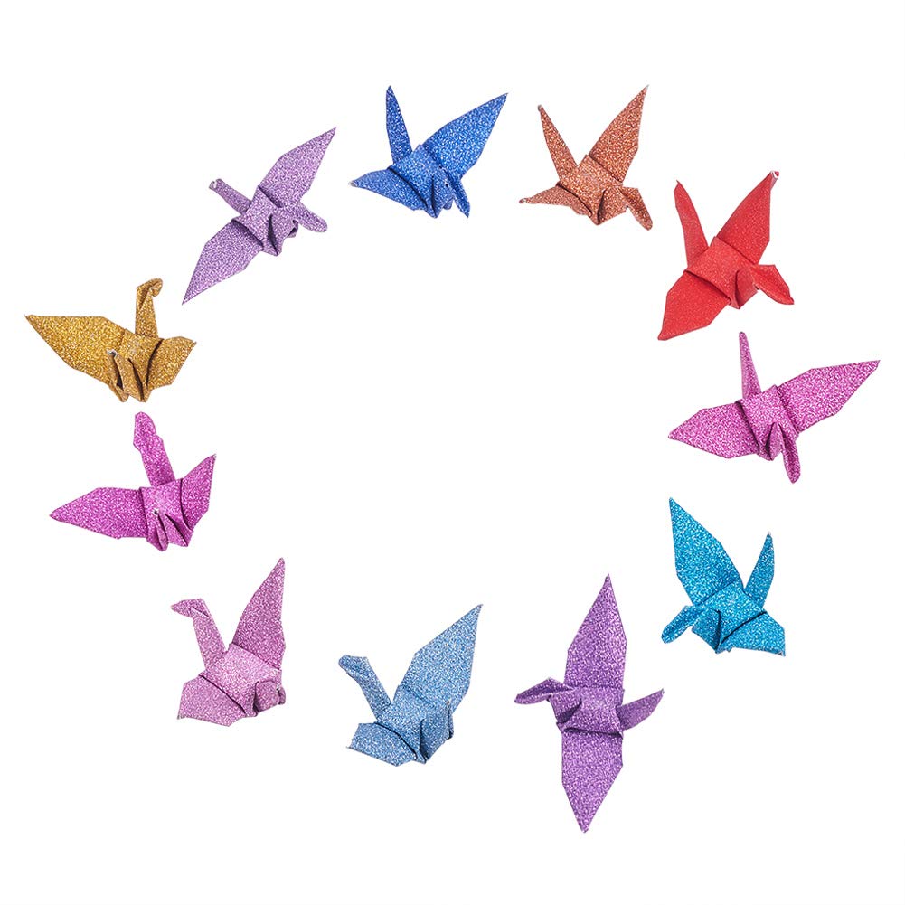 WANDIC Origami Paper Cranes, 50 Pcs Handmade Folded Origami Paper Crane String Garland for Wedding Party Backdrop Home Decoration, Glitter Mixed Color