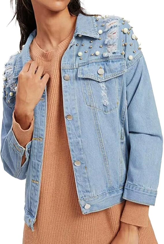 Womens Pearl Beading Denim Button Detail Ladies Jacket Long Sleeve Jean
