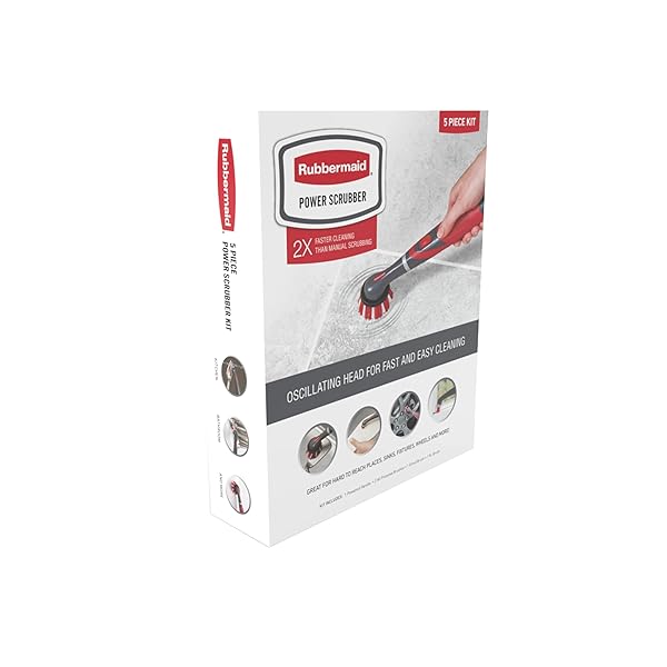 RUBBERMAID REVEAL POWER SCRUBBER 5-PIECE KIT, CORDLESS ELECTRIC BATTERY POWERED SPIN SCRUB BRUSH, WATER RESISTANT, FOR HOME/KITCHEN/BATHROOM/GROUT/TILE/SHOWER/TUB
