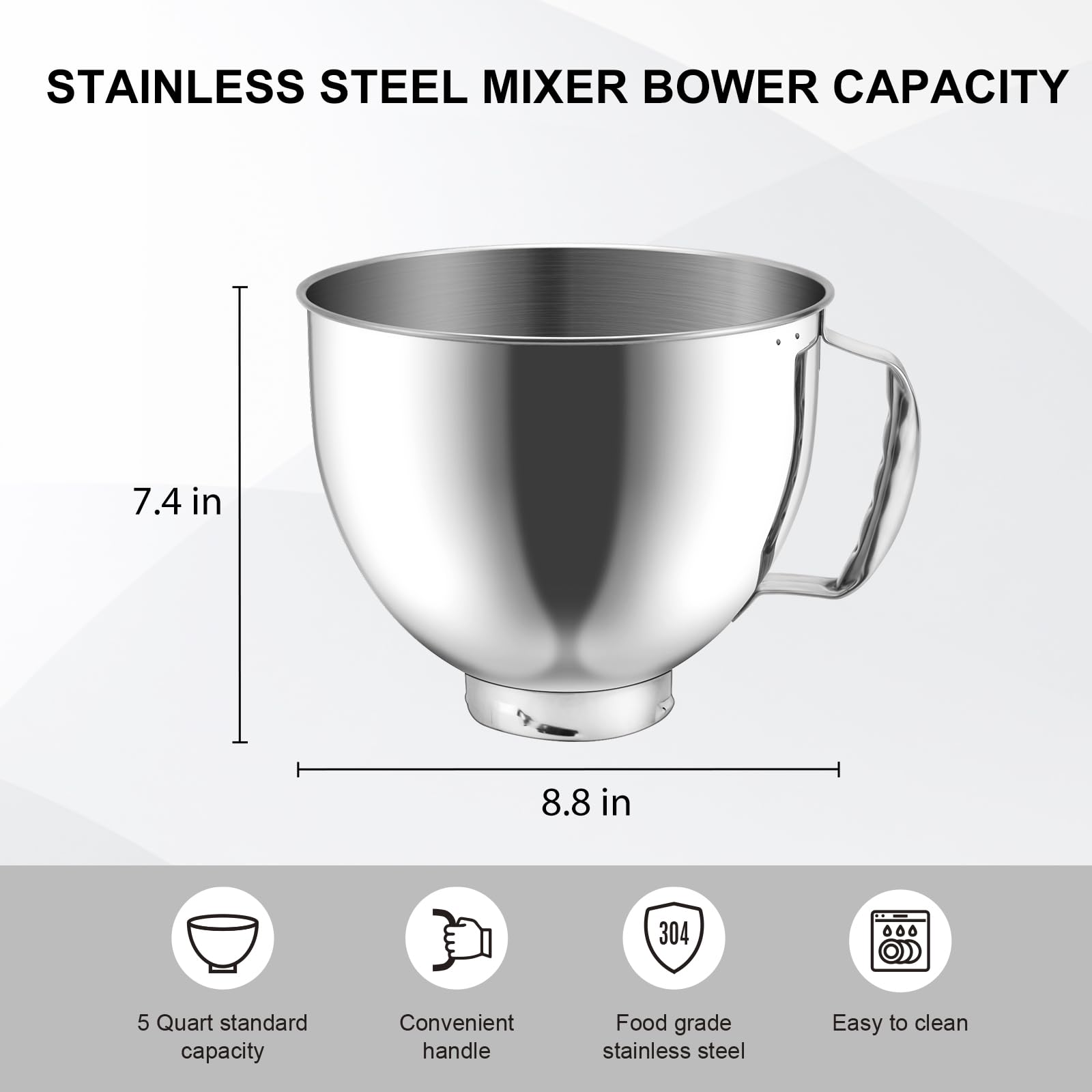 Stainless Steel Bowl for KitchenAid 4.5-5QT Tilt-Head Stand Mixer, 5 Quart Mixer Bowl for Kitchen Aid Classic&Artisan Series with Handle, Dishwasher Safe