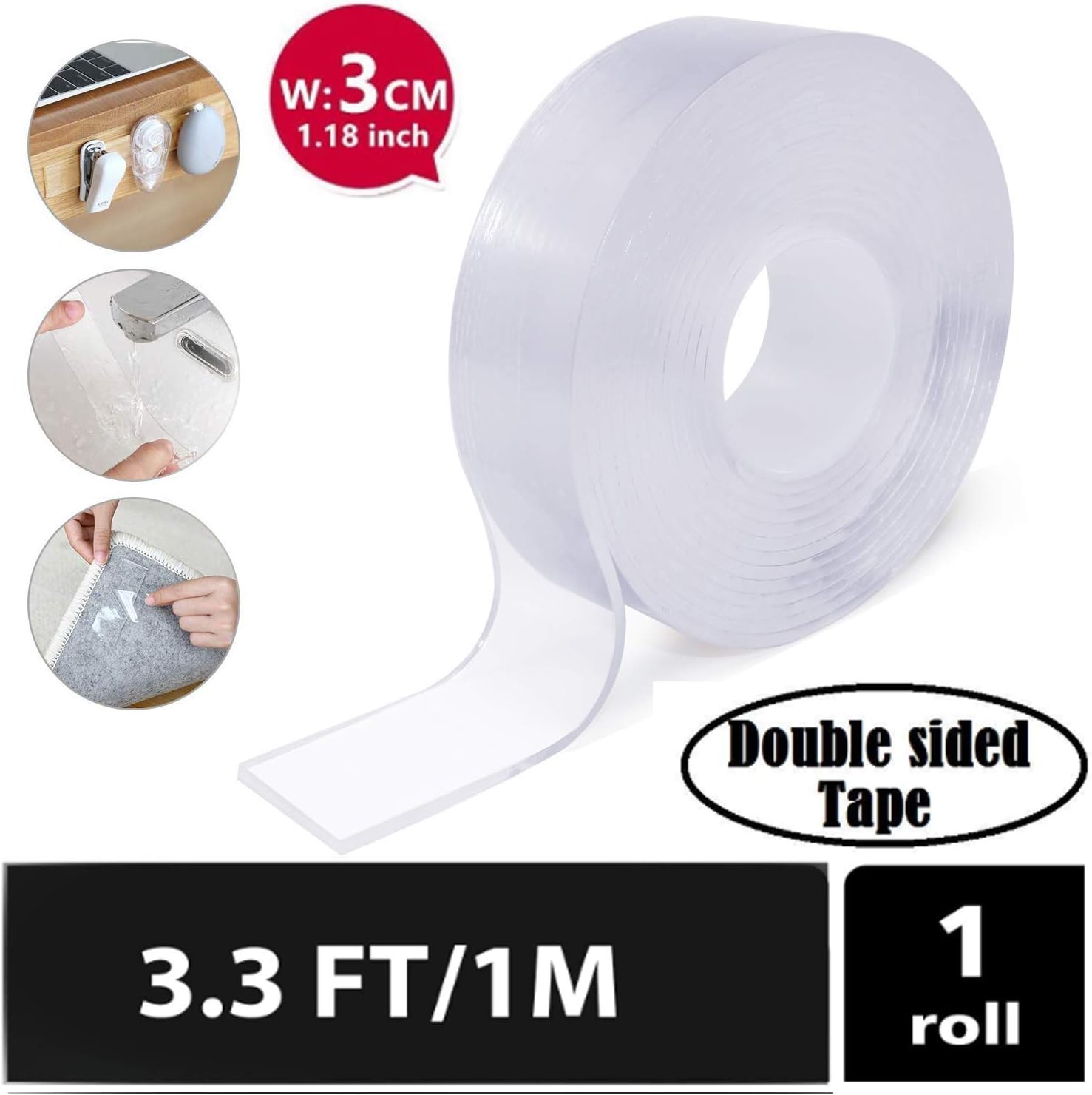 Avion Magic Transparent Adhesive Double Sided Washable Tape For Anti-slip Multifunction Non-slip Sticker Suitable for Kitchen,Glass, Metal,Cellphone,Tile Wall Fix Carpet Mat (1 Meter)