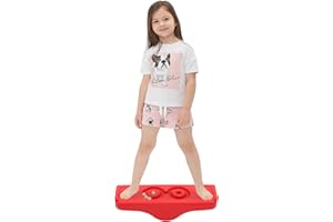 JOONLY Kids Rocking Seesaw Balance Board with 5 Wooden Balls Sensory Training Rocking Board Balance Training Equipment Children Indoor Outdoor Activity Toy (8-Red)