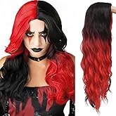Tseses Red and Black Long Curly Wig for Women 27 Inch Natural Wavy Wig Synthetic Middle Part Halloween Costume Hair Wig