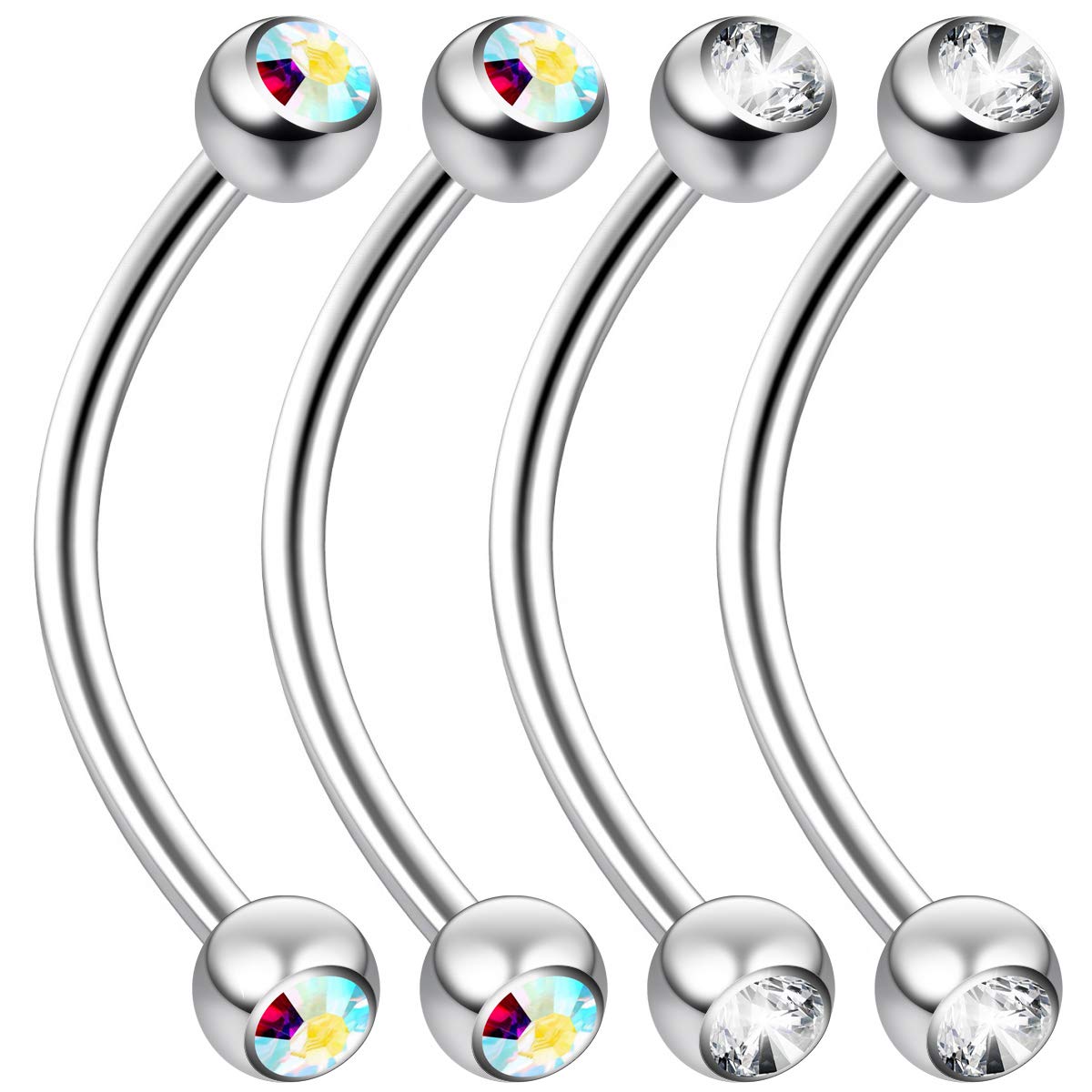 Evonix 4pc 16 Guage 12mm Surgical Steel Piercing Barbell Banana J-Curve Crystal Rook Daith Lip 1.2mm 16g Cartilage Labret Bar Bridge Conch Clear