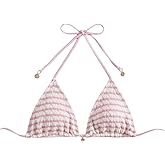 WDIRARA Women's Striped Halter Bikini Top Tie Backless Triangle String Cute Swim Tops with Charm