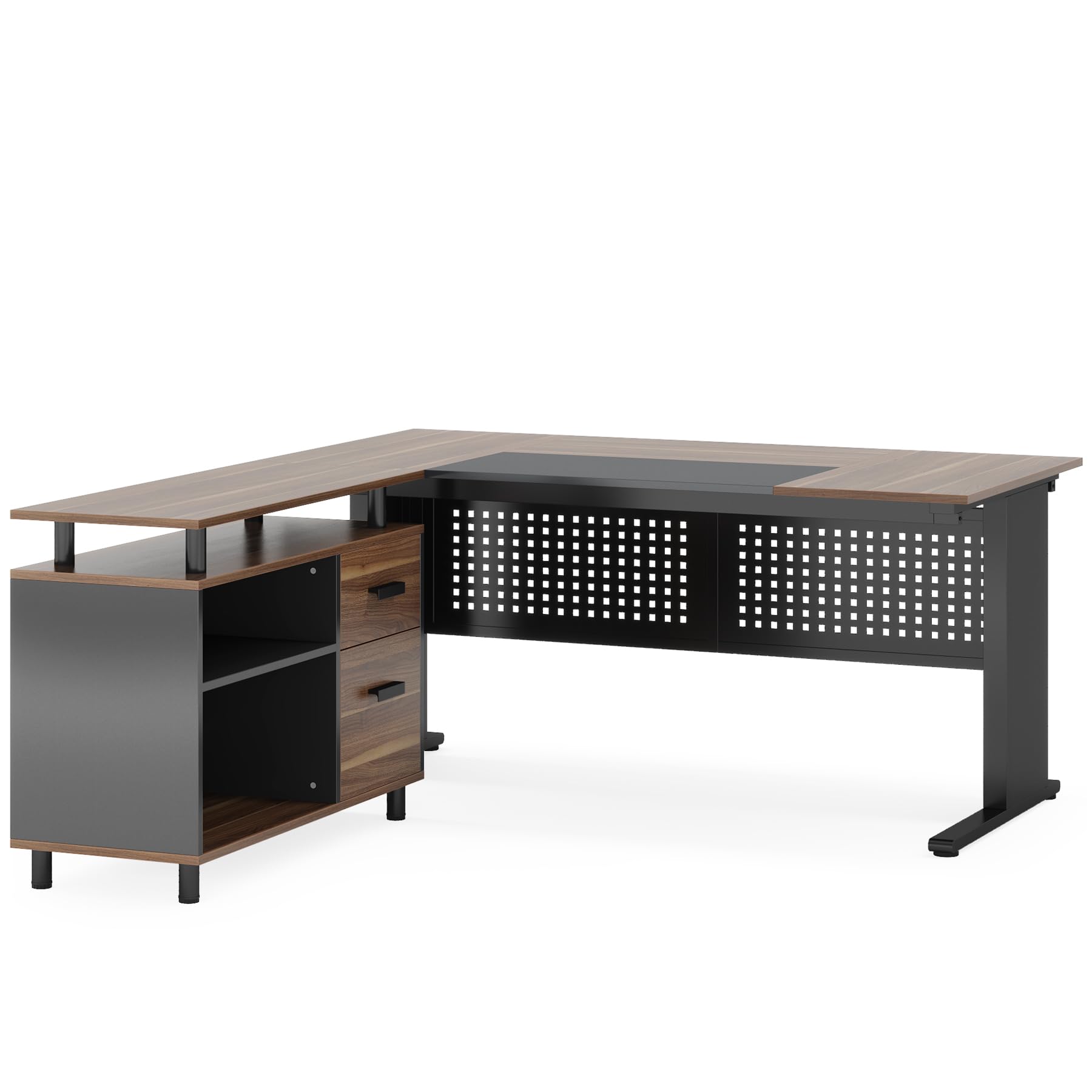 Photo 1 of LITTLE TREE Large Computer Desk with File Cabinet, 63 Inch L Shaped Executive Office Desk with Drawers and Storage Shelves, Business Furniture Workstation for Home Office