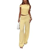 Vest and Pants Set Women - Sexy Pant Sets Women 2 Piece Outfits Off Shoulder Ruched Crop Tops Wide Leg Pantsuits