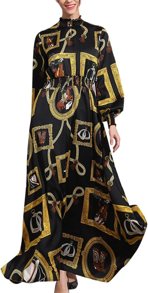 Women's Dresses🌹Muslim Ramadan New Simple Retro Print Slim Elastic Waist Silk Dress Long Dress