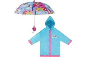 DreamWorks Girls Kids Poncho Raincoat Set, Trolls Poppy Rain Wear For Ages 4-7 Umbrella And Slicker, Red/Blue-Green, 4-5T US