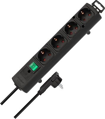 Comfort Line regleta de enchufes con 4 Tomas de Corriente para Montaje (Cable de 2 m, Interruptor Iluminado, montable, Enchufe Plano) Negro