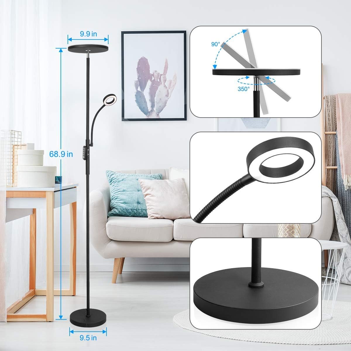 LED Floor Lamp - Soarz Torchiere Floor Lamp with Adjustable Reading Lamp,2000lumens Main Light and 400lumens Side Reading Light for Living Room, Bedroom, Office, Working with Remote Control: Home Improvement