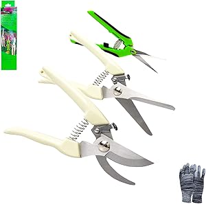 YOUSHENGER 3 Pack Garden Pruning Shears Stainless Steel Blades Handheld Pruners Set Professional Gardening Scissors for Cutting Live Flowers, Plants, Light Branches with Gardening Gloves