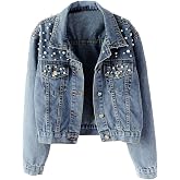 Kedera Women Oversized Denim Jacket Embroidered Pearls Beading Jeans Coat