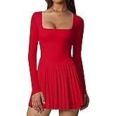 Memoriesea Women's Square Neck Long Sleeve Pleated Skirt Cocktail Party Club Mini Dress