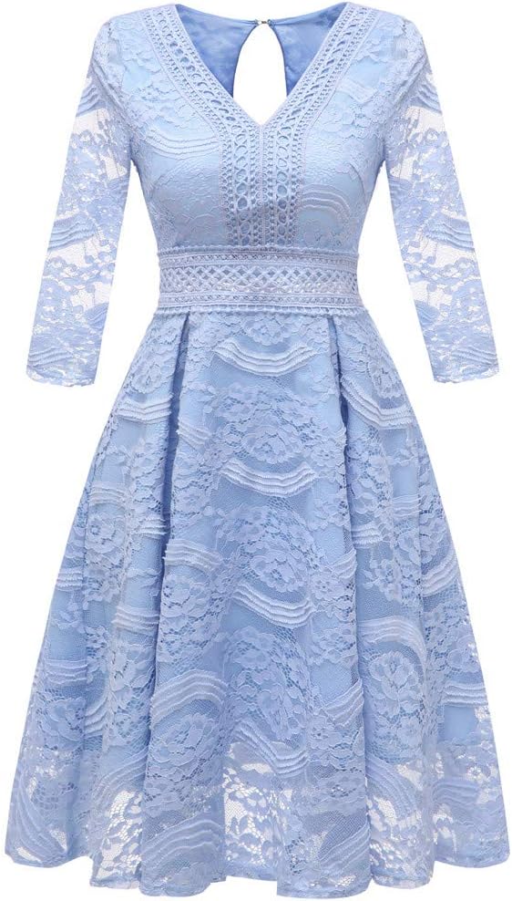 WOCACHI Dresses for Womens, Vintage Princess Floral Lace Cocktail V-Neck Party Aline Swing Dress