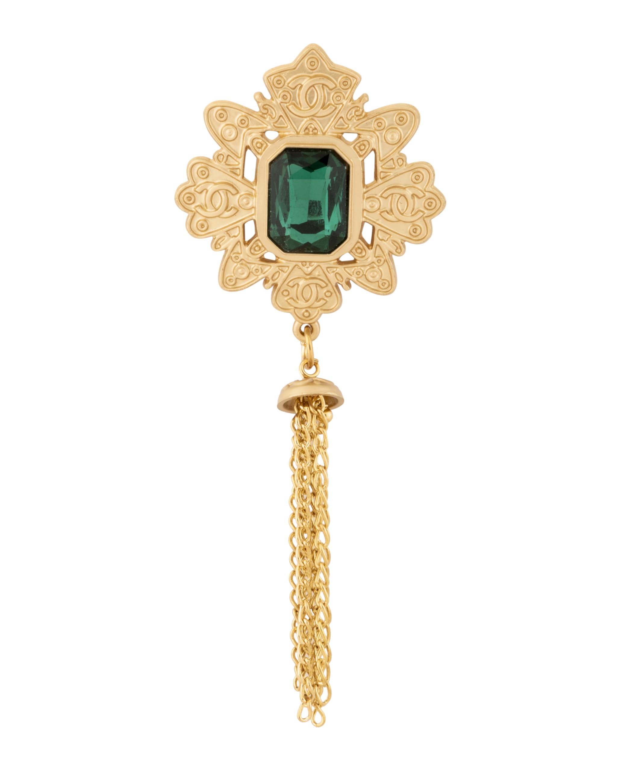 Knighthood Matte Gold Brooch with Gold Engravings & Emerald Stone Hanging Chain Lapel Pin for Men – Stylish Accessory for Suits, Blazers, and Coats