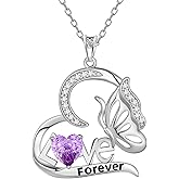 Aurora Tears Birthstone Love Heart Butterfly Pendant Necklace - 925 Sterling Silver Firework-Cut Cubic Zirconia Love Forever Necklace Anniversary Birthday Jewelry Gift for Women Wife Mom Daughter