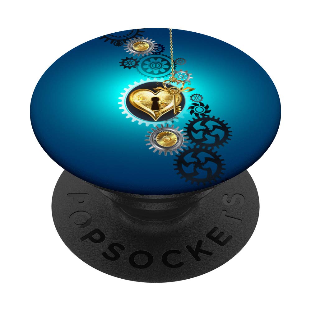Mechanical Retro Steampunk Lock and Key Heart on Fade Blue PopSockets Grip and Stand for Phones and Tablets