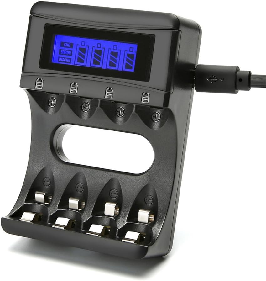 Smart AA AAA Battery Charger Ni-MH 2000mAh 4 Bay Rechargeable Battery Charger with USB Port LCD Display Can Rapid Batteries Black