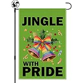 LAGZDFC Jingle With Pride Christmas Winter Garden Flag, Double Sided Farmhouse Outdoor Lawn Decor Yard Flags Gifts, Funny Rainbow Jingle Bell Pride Flag, Lgbtq Welcome Home Banner, Gay Christmas Flag