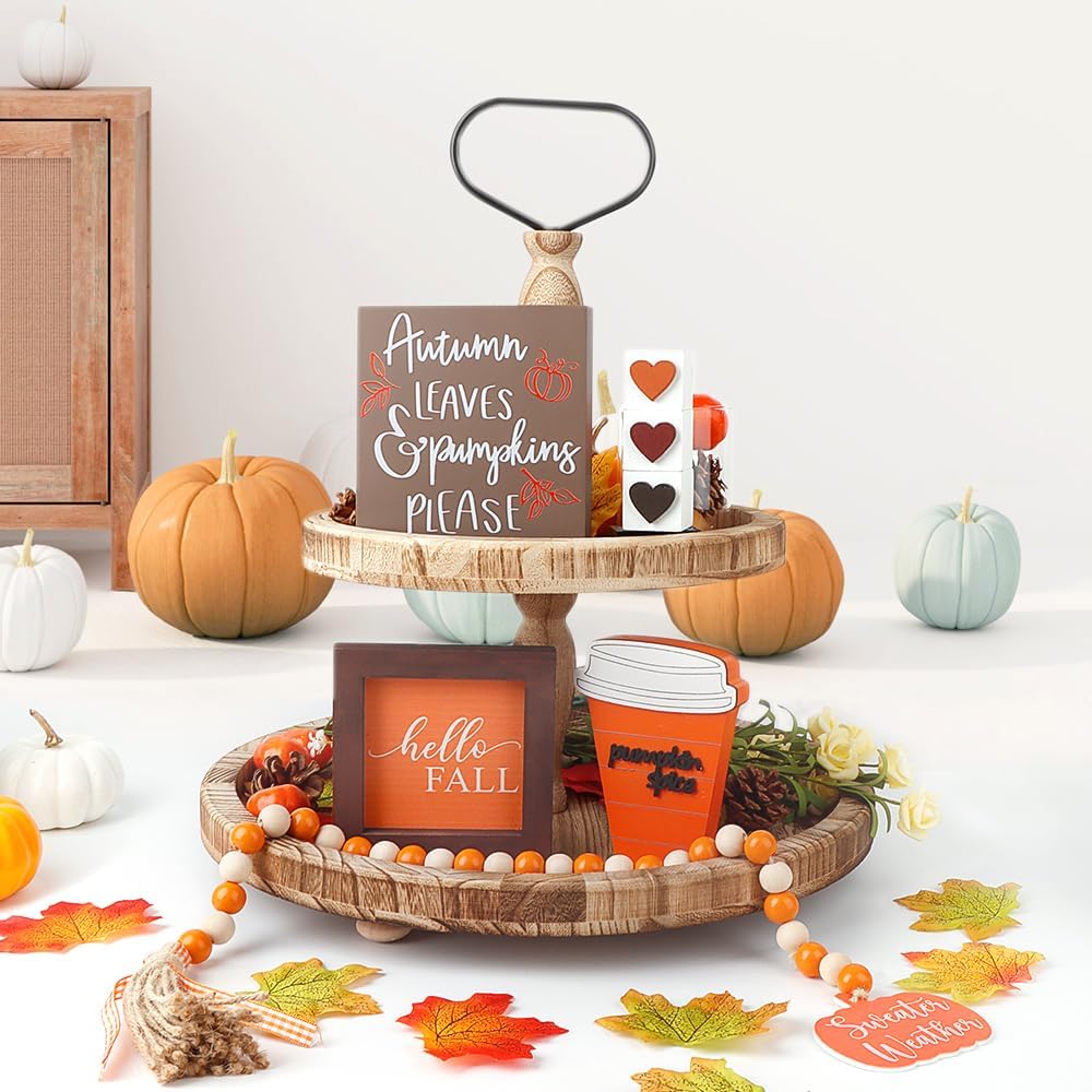 Wreaths, Garlands & Swags - Fall Table Decor, Farmhouse Fall Home Decor Set with 3 Heart Blocks, 3 Wooden Signs and Wood Bead Garland for Tiered Tray, Shelf and Mantle - Fall Decorations for Home (Tray not Included)