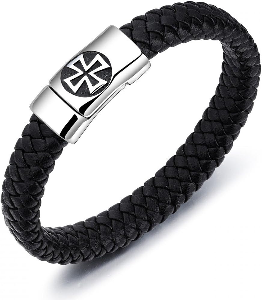 BOBIJOO JEWELRY - Leather Strap Steel Templar Cross Pattée 12mm - Black 22cm
