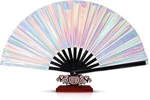 GROMBOLAR Upgraded Hand Fan for Women Foldable, Line Dance Popping Fan,13 in Large Hand Clack Fans for Dance,Boots on The Ground Fan (Laser Style, Sparkling Silver)