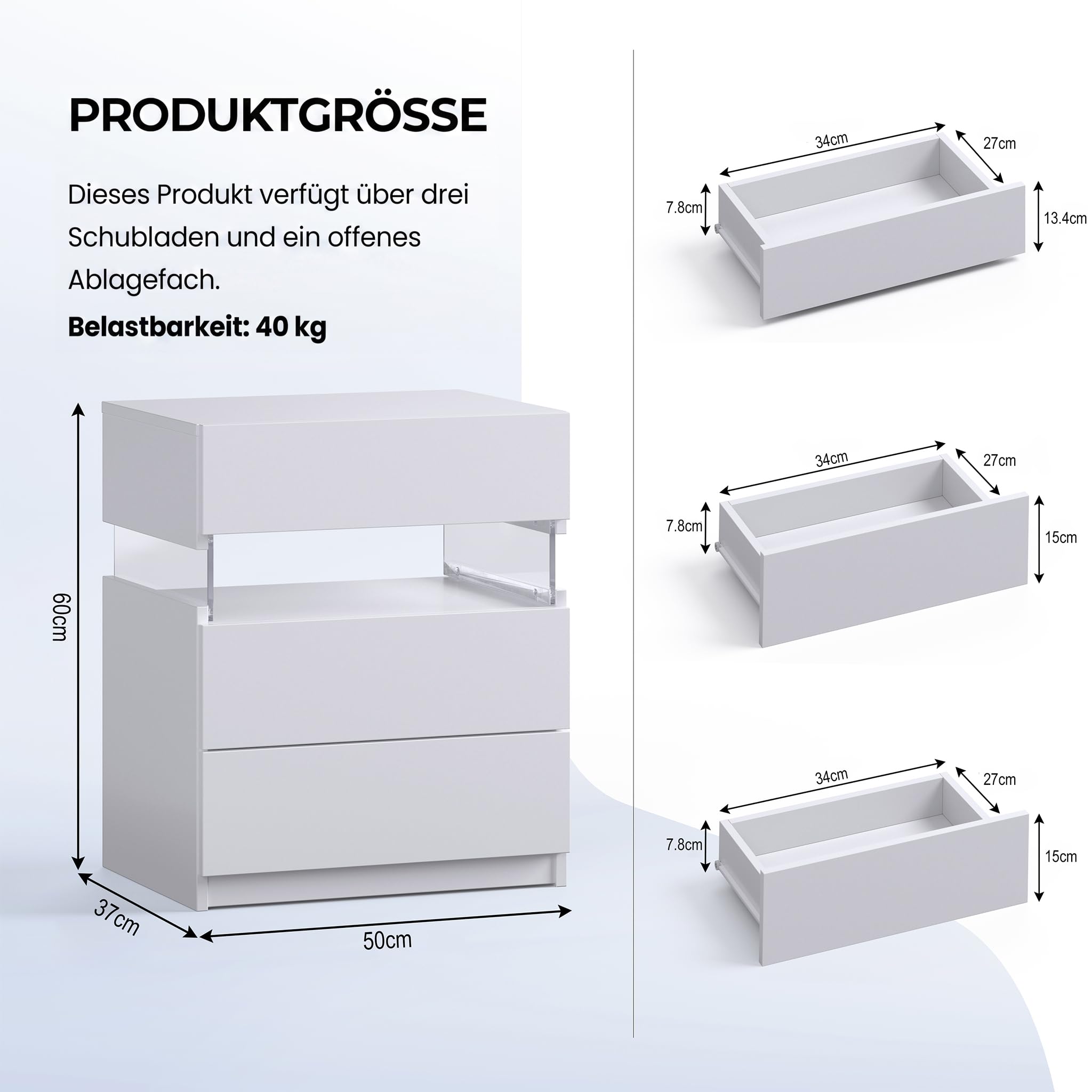 Cubehom Nachttisch 2er Set Weiß Nachtschrank mit 3 Schubladen Beistellschrank Nachttisch mit LED-Beleuchtung für Schlafzimmer, Weiß 6
