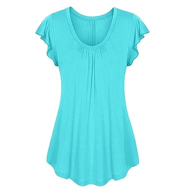 Auifor Frauen-Feste Reihen-Falten gekräuselte Geraffte Oansatz Kurzarm-unregelmäßige T-Shirt Tops