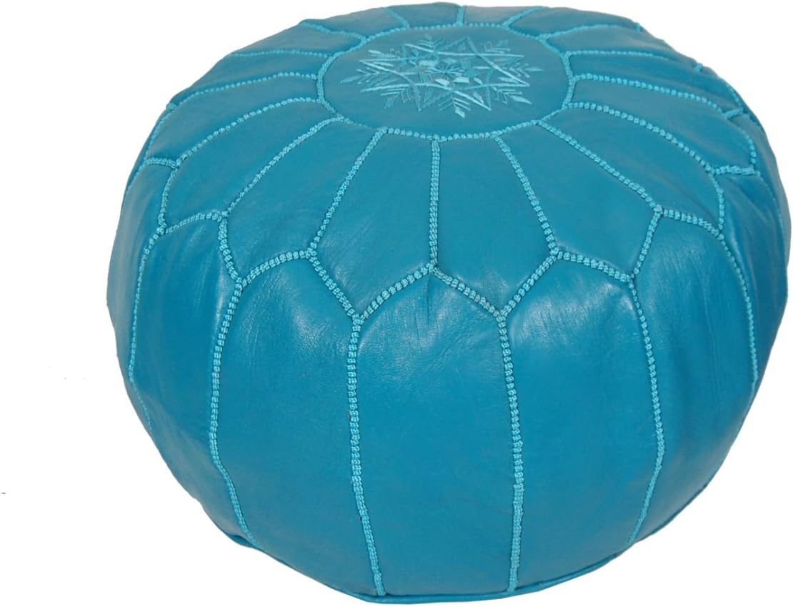 Moroccan Pouf Ottoman Footstool (Leather) Genuine Hand-Stitched Seating | Living Room, Bedroom, Sitting Area (Unstuffed, Turquoise)